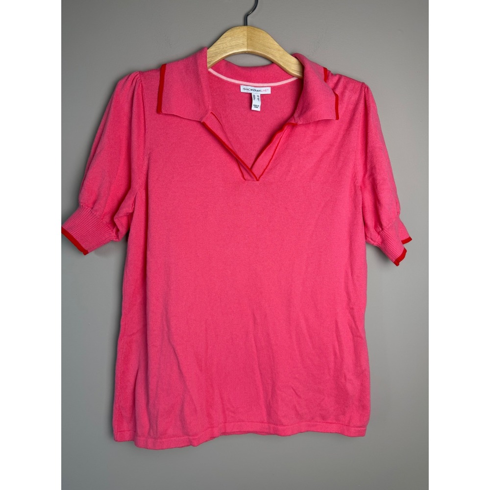 Isaac Mizrahi Live Pink Short Sleeve Knit Polo Sweater Top Red Trim Medium